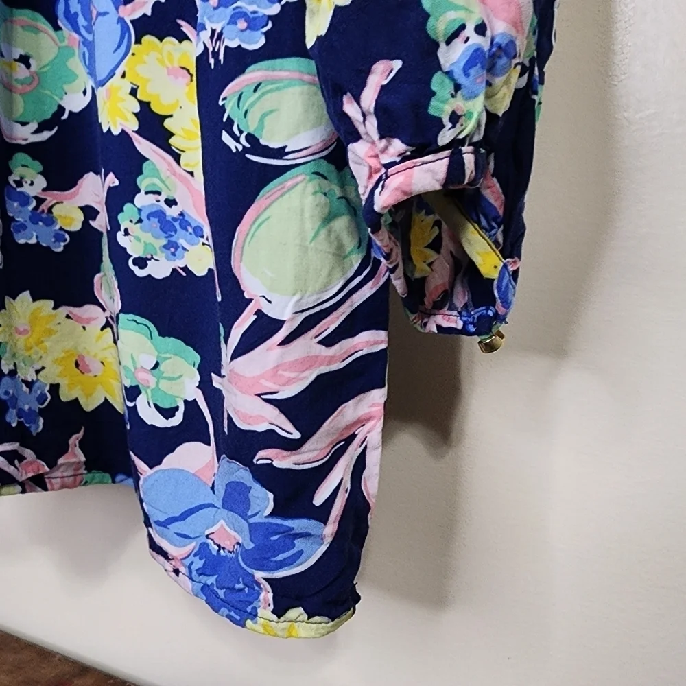 Talbots Women’s Blue Floral Split Neck Pintuck Top Playful Floral Print Size XL - Picture 3 of 9